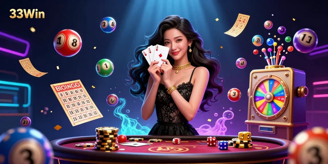 Experience thrilling gameplay with 33Win, featuring a stylish woman holding poker cards amid vibrant casino chaos.