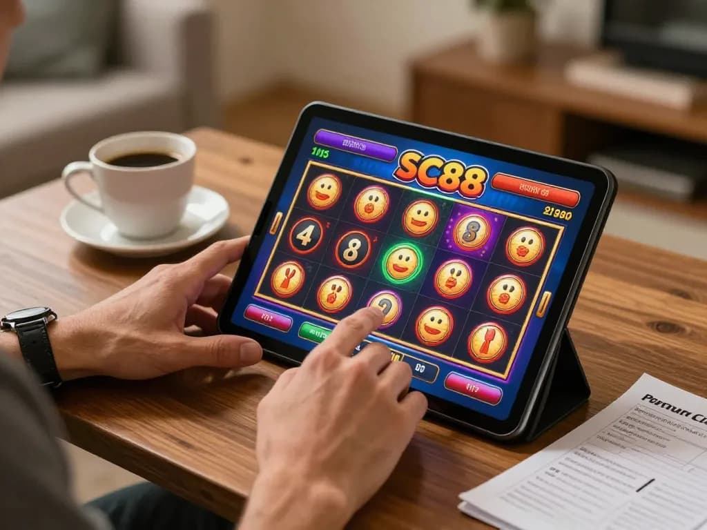 SC88 player enjoying thrilling online slot game on a tablet in cozy home setting