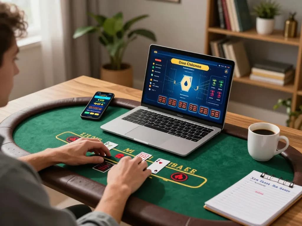 Online player engaging with gen-e blackjack game at home, enhancing betting strategies.