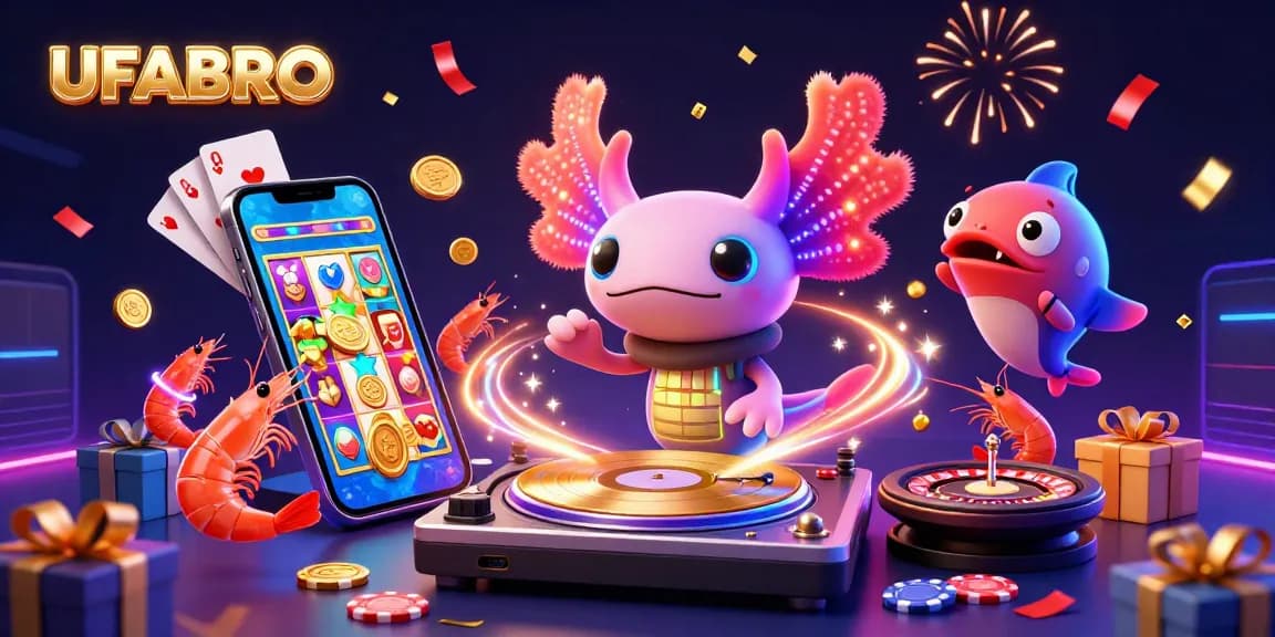 Spin and win with UFABRO's dynamic 3D casino scene featuring slot games and energetic characters.