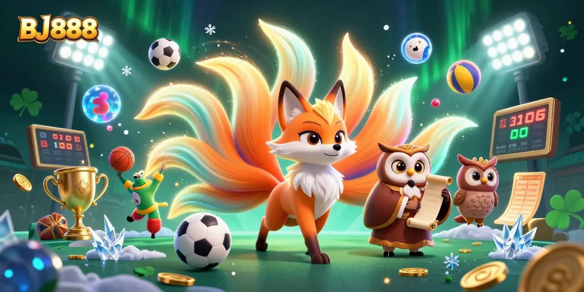 Experience thrilling gaming with BJ888 as a multi-colored nine-tailed fox spirit and owl sage illuminate the scene.
