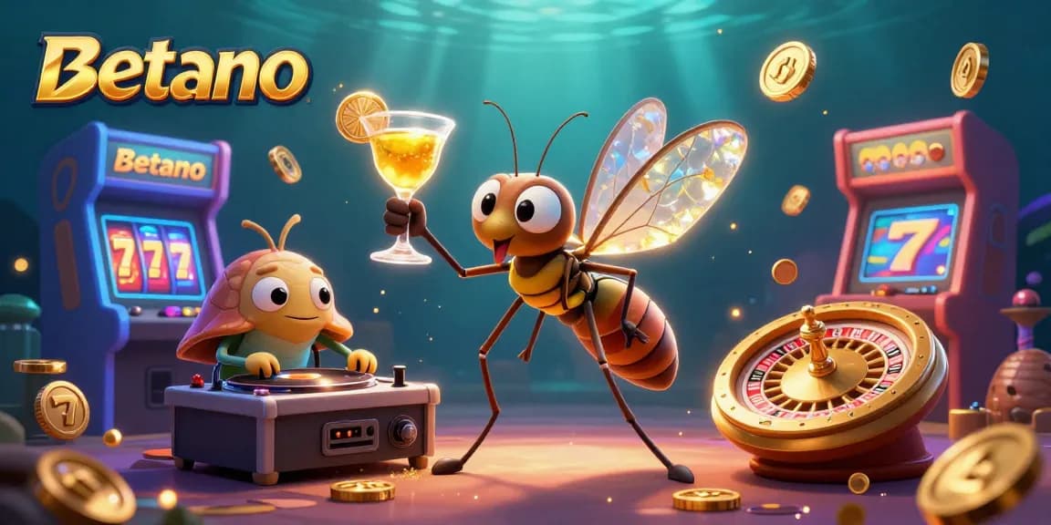 Betano elevates gaming with a whimsical casino scene featuring a mosquito mascot, trilobite DJ, and golden roulette.
