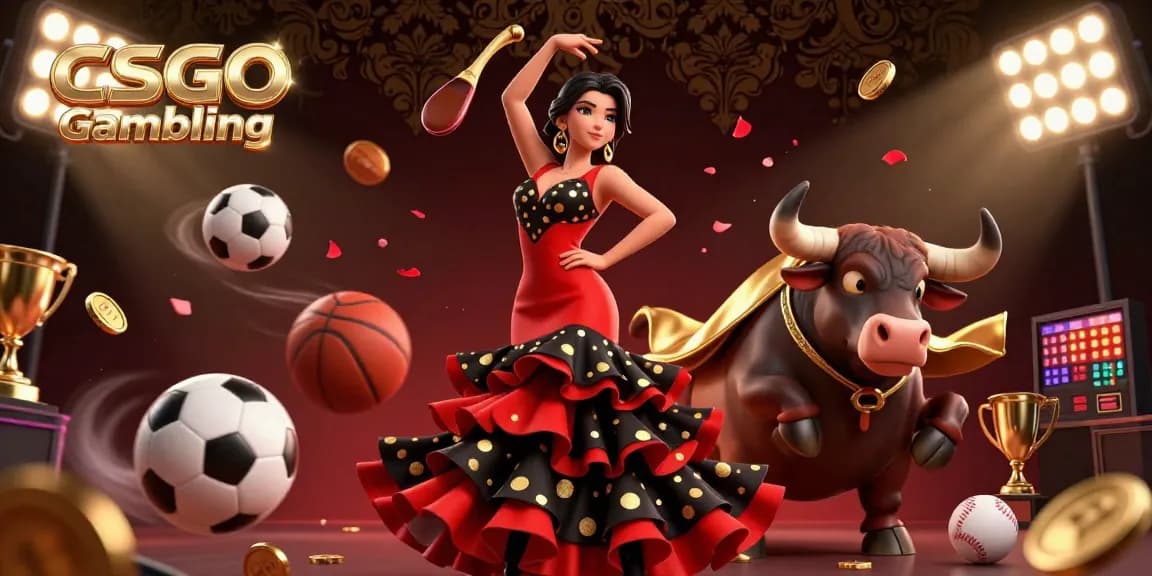 Ikuti Perjudian CSGO dengan pemandangan cerah yang menampilkan penari flamenco dan banteng yang bertarung di tengah elemen olahraga yang dinamis.