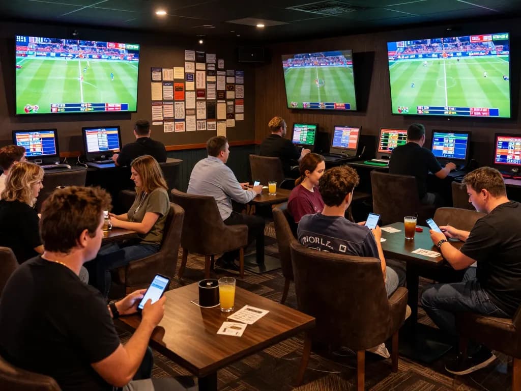 Soi kèo bóng đá with enthusiastic bettors watching games and placing mobile bets in a lively sports lounge.