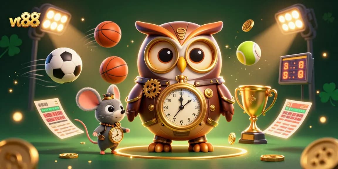 Bet on vt88 sports with engaging 3D casino elements featuring an owl and dynamic visuals.
