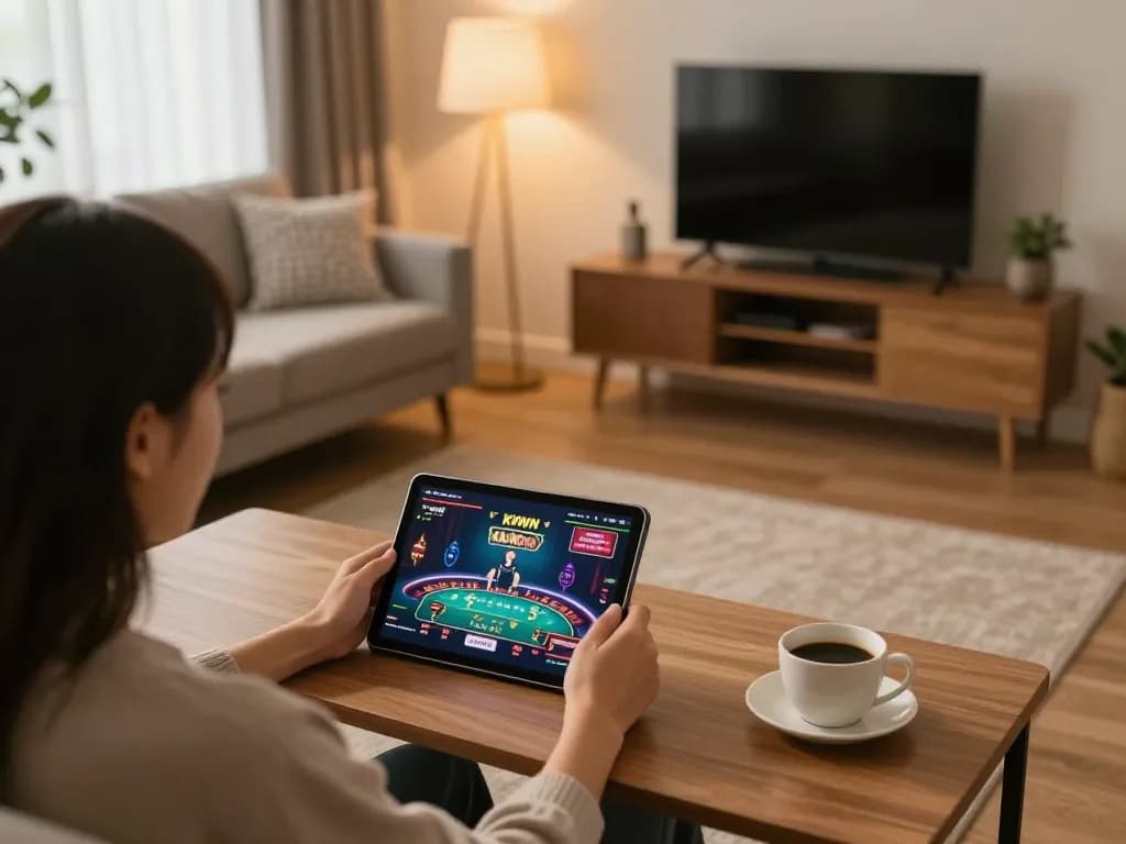 Engaging with online casino gameplay on a tablet at KKWIN from a cozy home setup