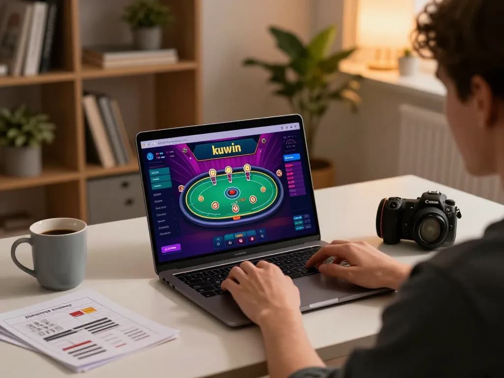 Kuwin online gaming scene with a player engaged in poker strategy at home.