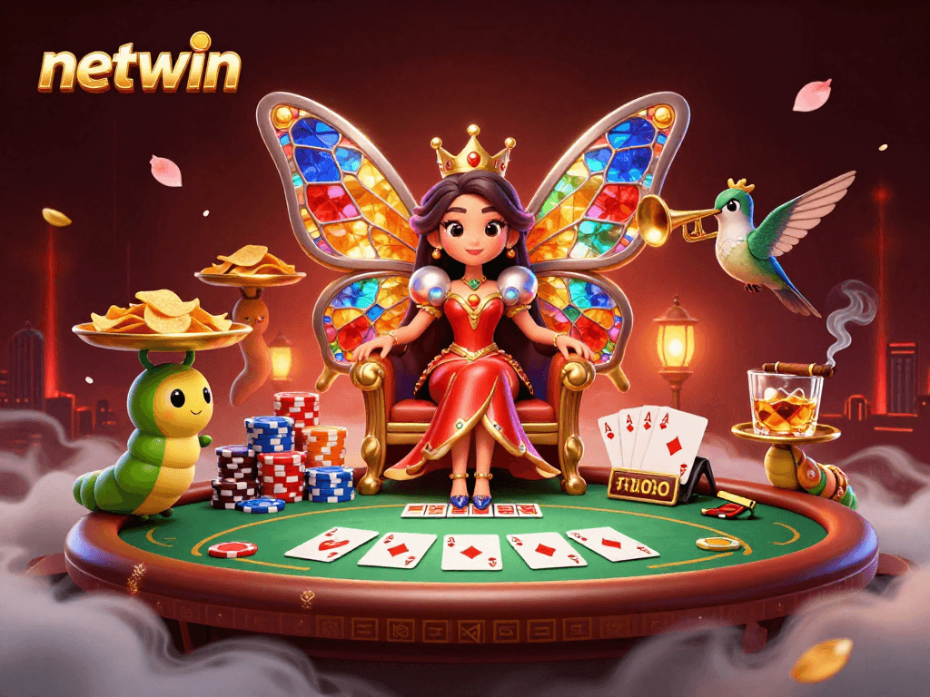 Join the fun with netwin at a vibrant poker scene featuring a butterfly queen and lively characters.