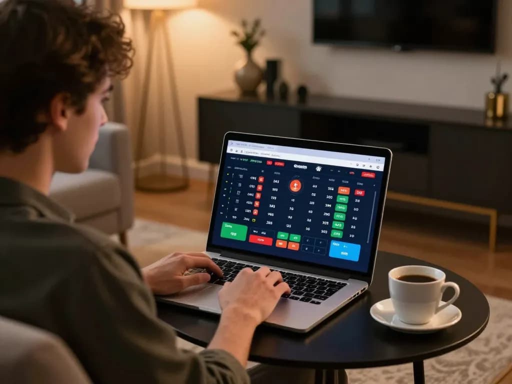 ALO8 player analyzing betting odds on a laptop in a cozy setting, highlighting strategic online gaming