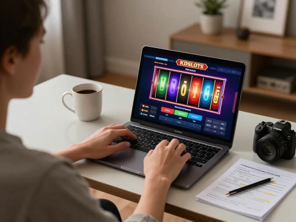KDSlots player engaging in an online slot game at home, showcasing a tactical approach to entertainment.