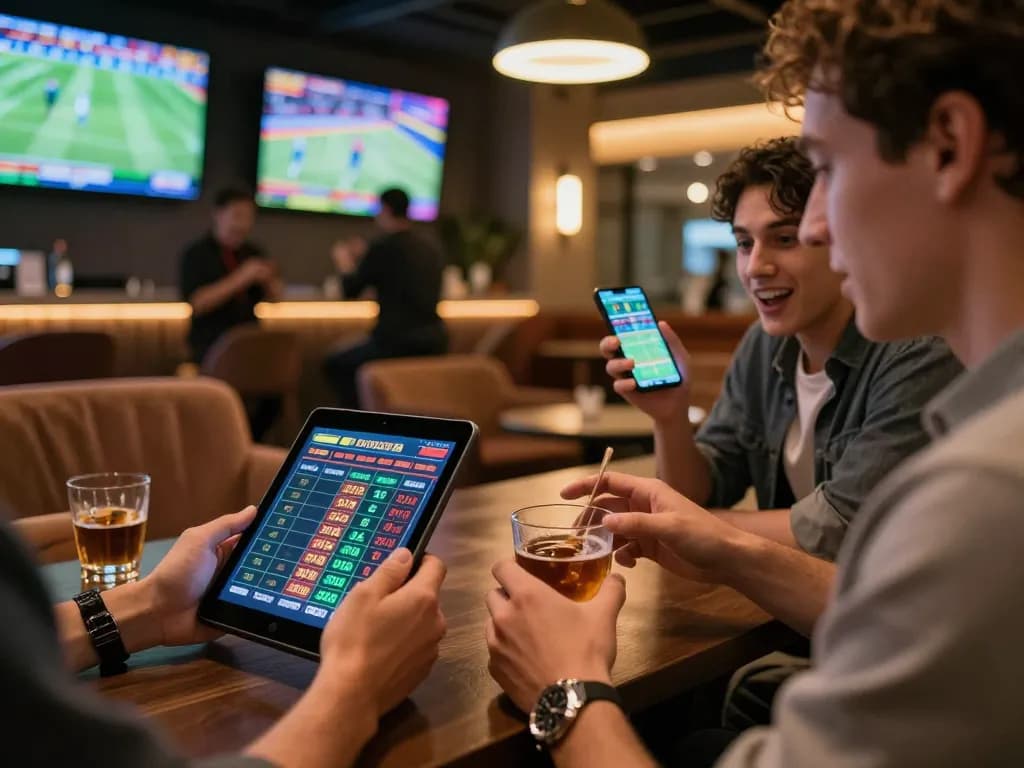 Sports betting enthusiasts engaging with 188bets, analyzing odds and placing bets in an upscale lounge.