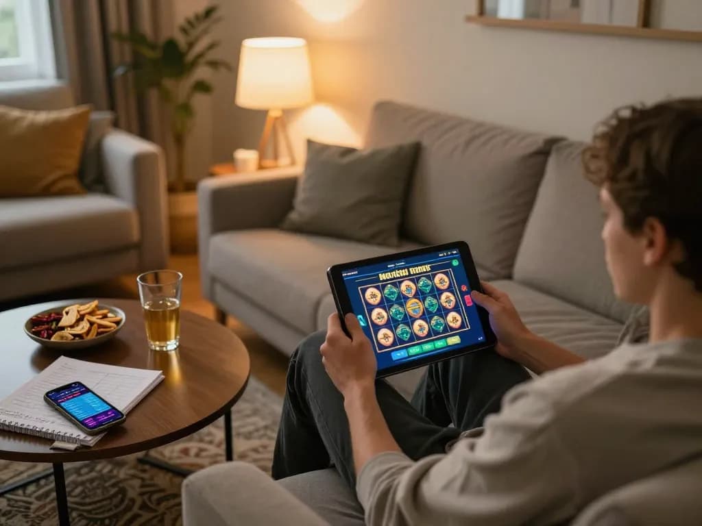 Engaging in online nohu gameplay on a tablet in a cozy home environment.