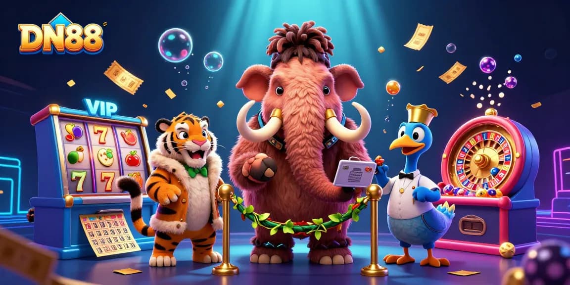 Engage with DN88's vibrant casino world featuring a woolly mammoth bouncer checking IDs amidst dynamic slot reels.