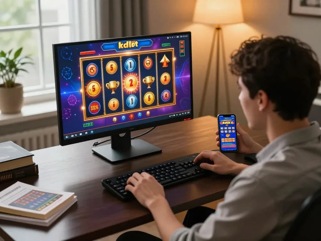 Engage in kdslot gameplay from a modern home office with excitement and strategy.
