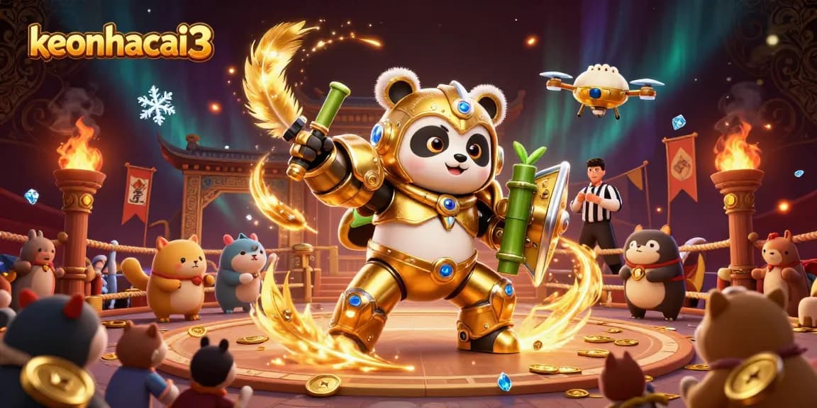 Spark your winning strategies with keonhacai3 – a vibrant 3D digital illustration showcasing a panda in mech-suit amidst a bustling casino arena.