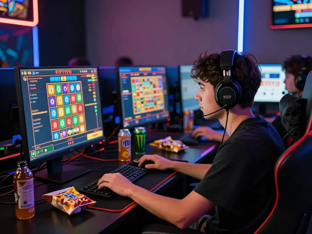 KDTOTO gaming experience with players engaged in vibrant online Toto Slot game in a cozy gaming room.