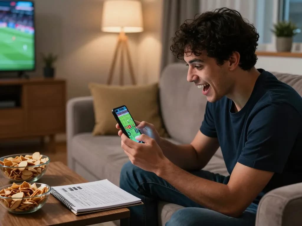 Soi Kèo betting enthusiast engaging with live sports odds on smartphone from cozy home