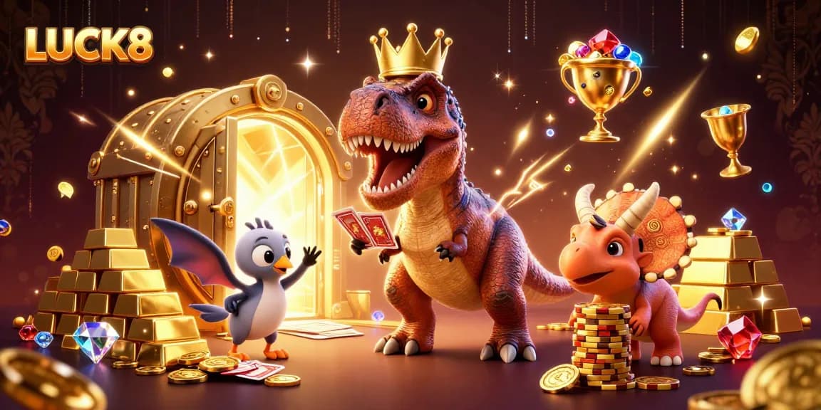 LUCK8 brings luck with a T-Rex shuffling cards and gold chips in this vibrant casino scene.