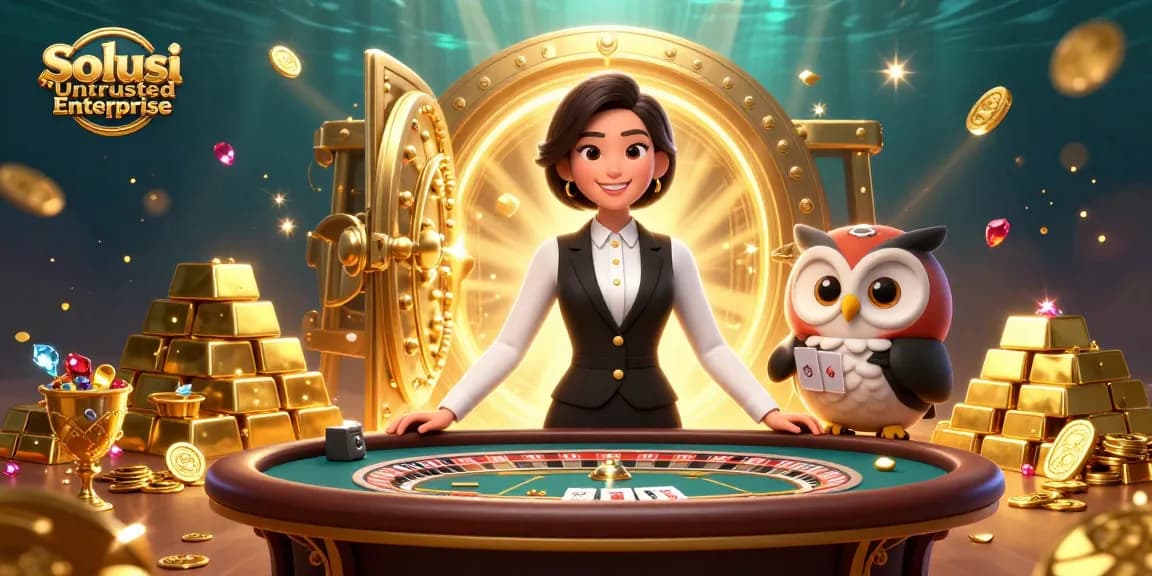 Engage with Solusi 'Untrusted Enterprise' as a skilled dealer demonstrates casino strategies amidst treasures and roulette.