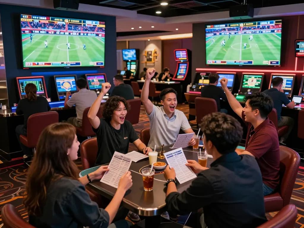 Betting enthusiasts enjoying kèo nhà cái in a vibrant sports lounge atmosphere.