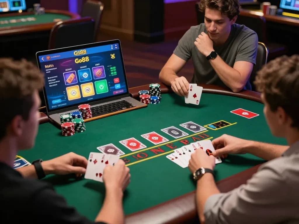 Go88 players engaging in blackjack online, showcasing vibrant digital interface and strategic gameplay.