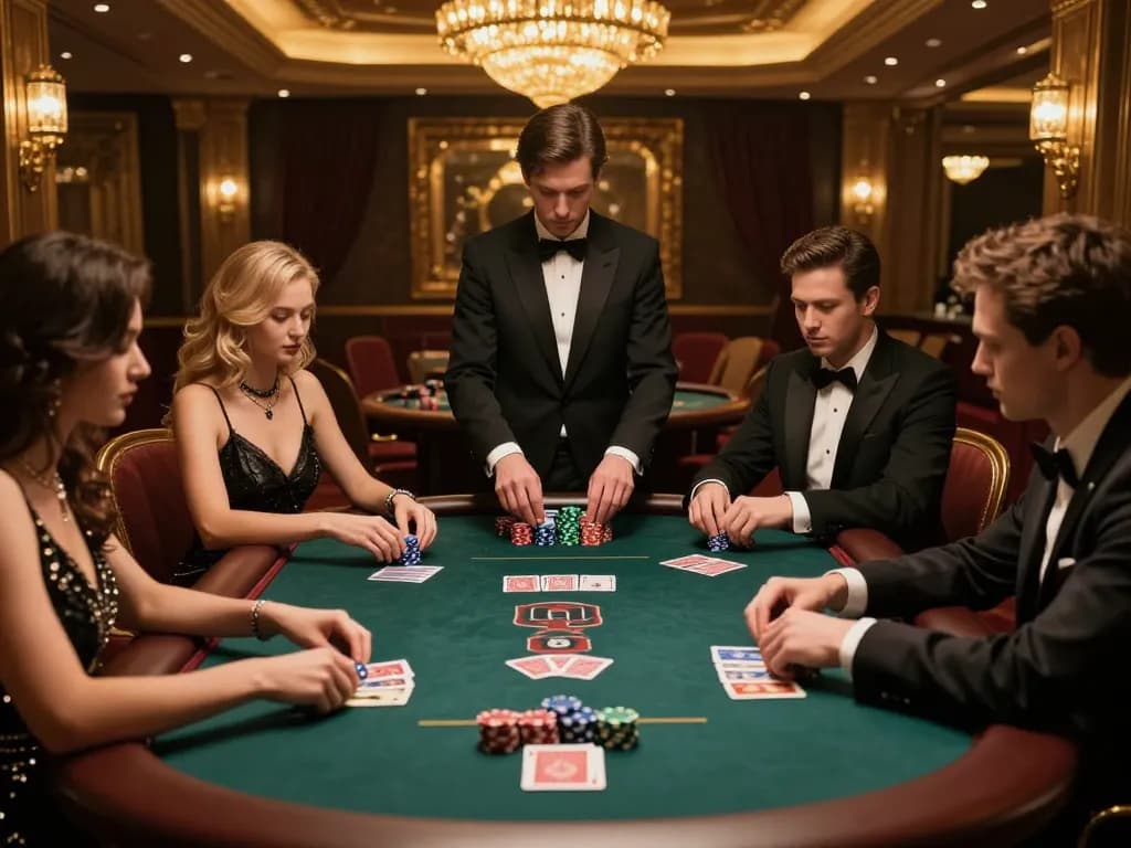 7-hd players engaging intensely in a high-stakes poker game in an upscale casino.