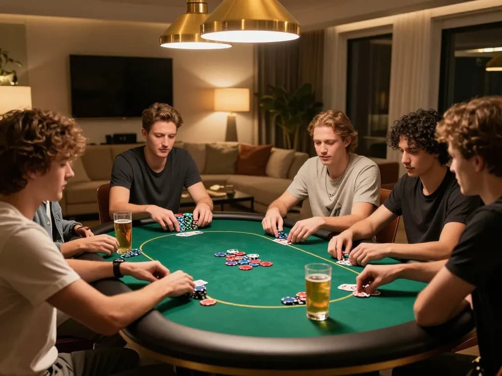 U888 players enjoying an engaging home poker game night with vibrant chips and drinks.