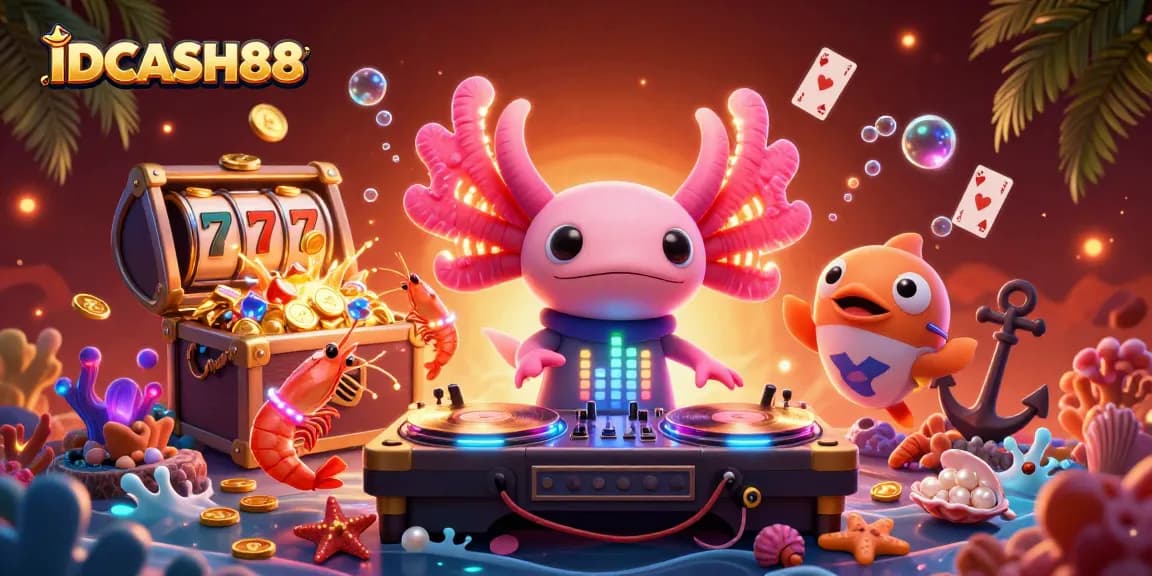 Experience thrilling gameplay with IDCASH88, featuring vibrant characters amidst slot reels and sparkling underwater treasures.