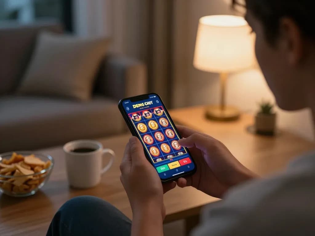 Pemain terlibat menggunakan smartphone untuk Slot Demo PG Soft di lingkungan rumah yang nyaman, mewujudkan permainan online yang strategis.