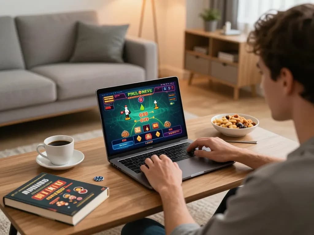 Engaging in online gambling with sun win game on laptop, warm home setup, maintaining a responsible atmosphere.