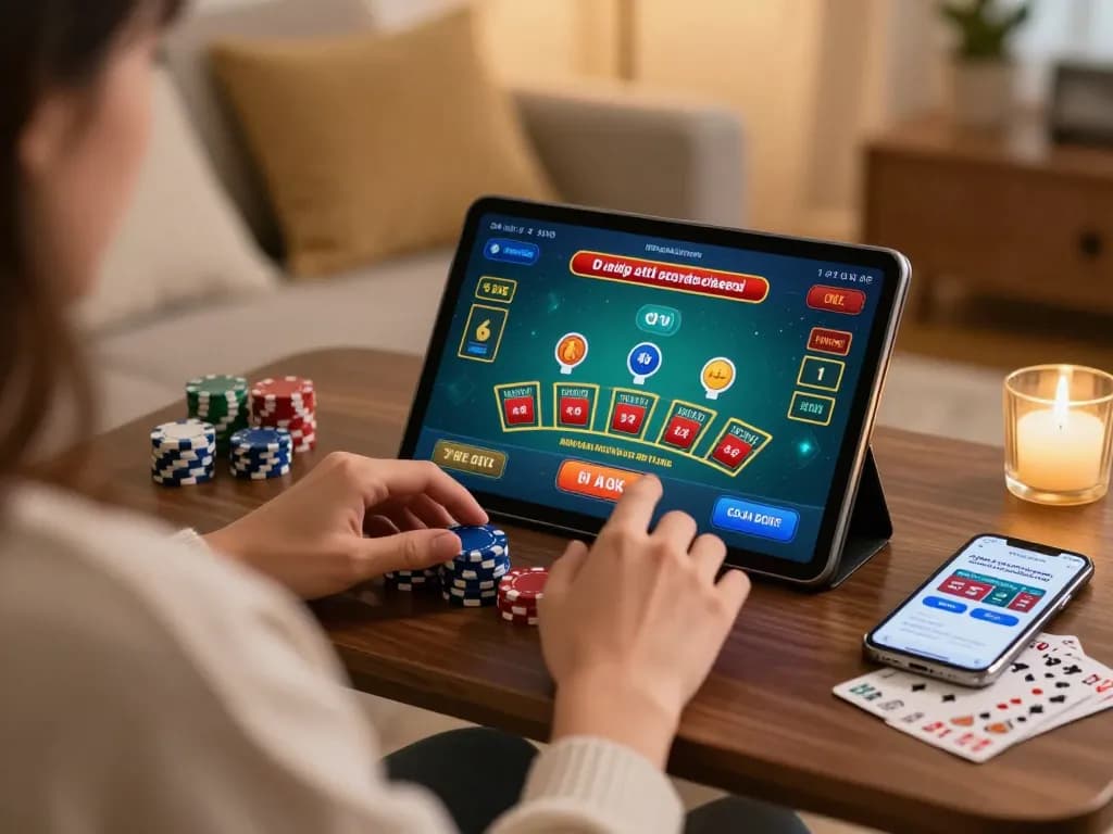 Engaging with live blackjack game at home, user focused on tablet with 5679 betting options