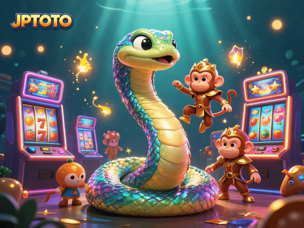 Experience thrilling slot wins with JPTOTO in a vibrant 3D illustration of lively games.