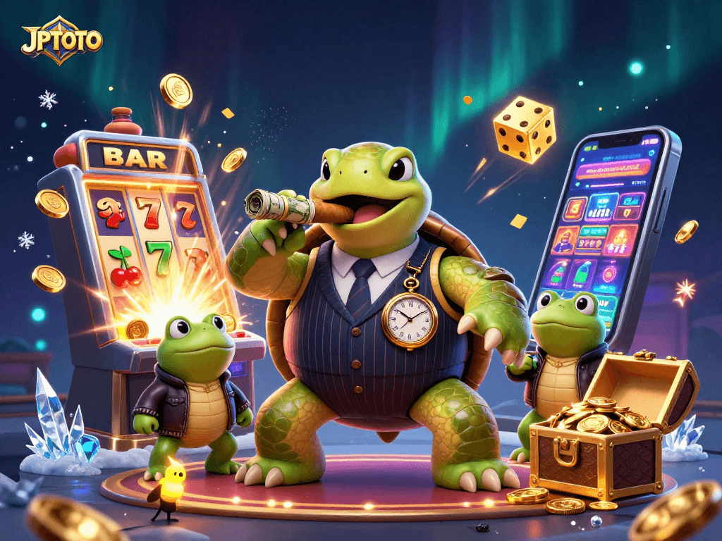 JPTOTO's 4D classic lottery scene with a snapping turtle and bullfrog enforcers celebrating a jackpot.