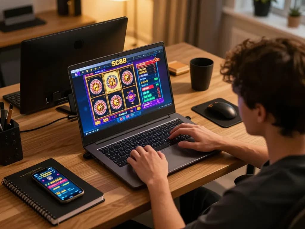 Engaging player experiencing SC88 online casino gaming on their laptop with colorful game graphics.