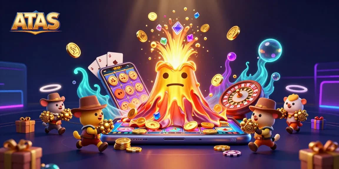 ATAS casino erupting gold volcano illustration showcases thrilling gaming excitement.