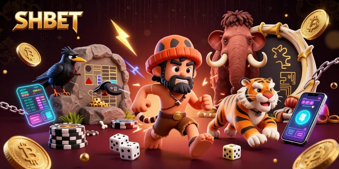 Win big at SHBET with a lively prehistoric casino scene featuring unique characters and crypto elements.