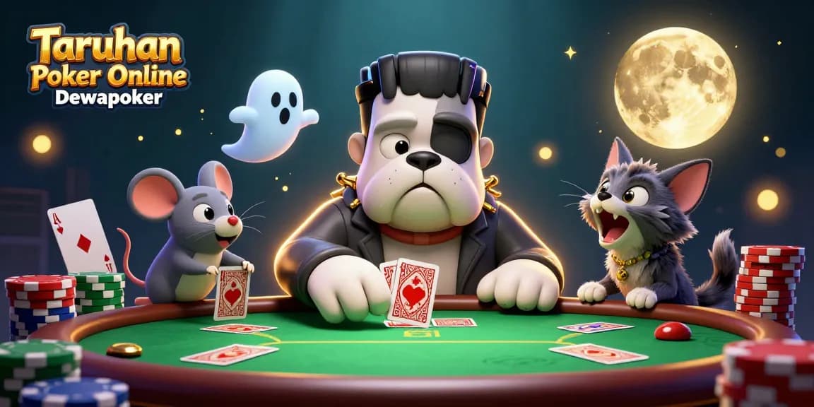 Experience thrilling Taruhan Poker Online Dewapoker with a colorful 3D poker scene featuring exciting characters and chips.