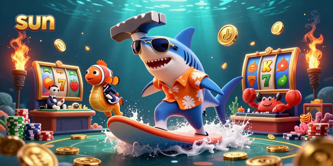 Experience the excitement of the sun-themed casino with vibrant slot reels and energetic characters.