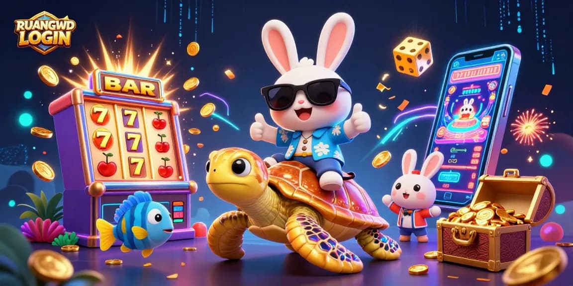 Experience the excitement of RUANGWD LOGIN with a lively 3D casino illustration featuring vibrant slot elements and characters.