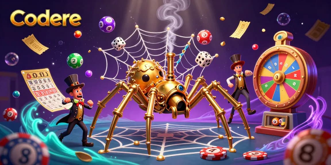 Betting with Codere at a dynamic casino scene featuring a golden spider and flying lottery balls.