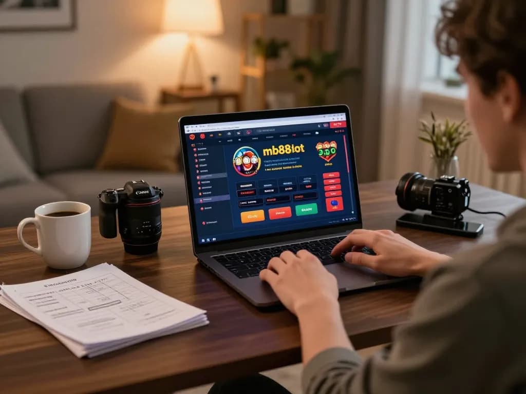 Engaging in mb88slot online gaming session featuring a cozy home office setup with laptop and notes