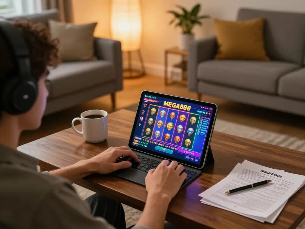 Engaged player enjoying mega888 online gaming on a tablet in a cozy home setting