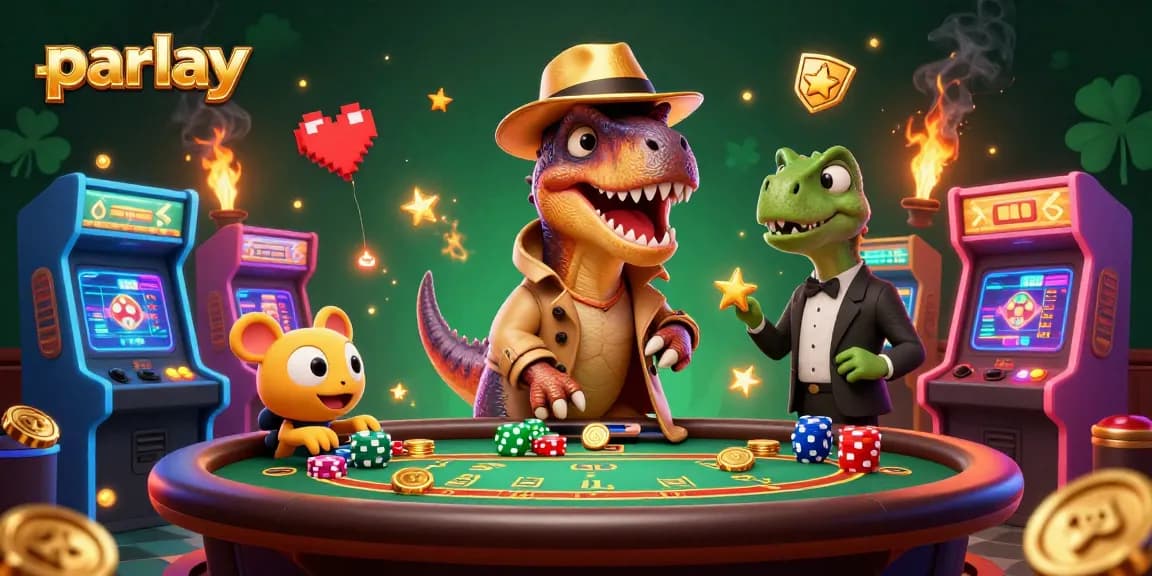 Engage in parlay betting with a dynamic scene of cartoon dinosaurs at a blackjack table amidst a colorful casino environment.