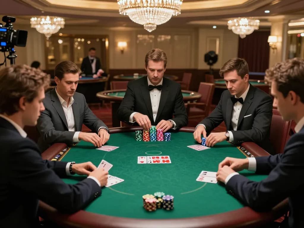 TT88 poker players engaged in a high-stakes game, showcasing chips and cards in a luxurious setting.