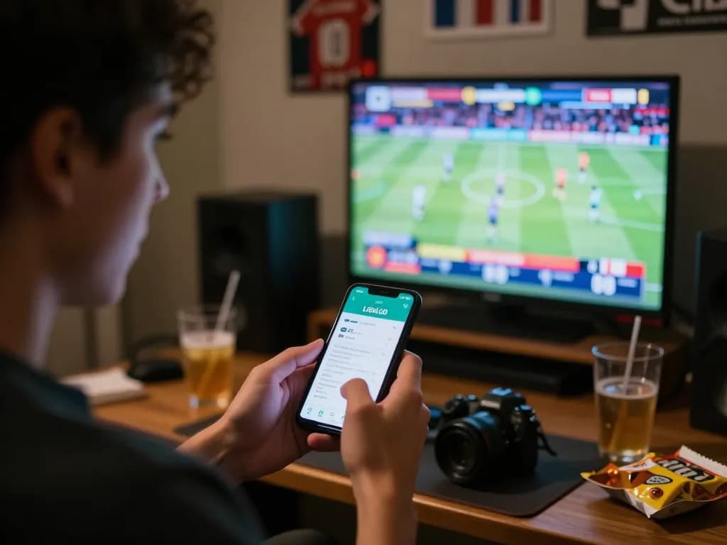 LIGALGO app user placing live bets during a major sports event on smartphone, showcasing excitement