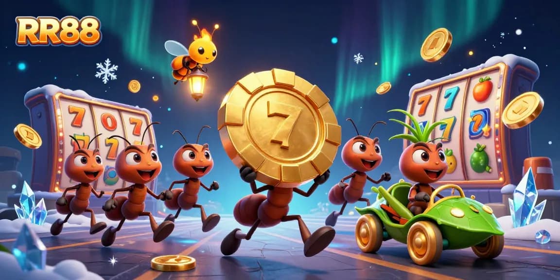 RR88 ants conduct a heist for a giant poker chip in a vibrant casino scene.