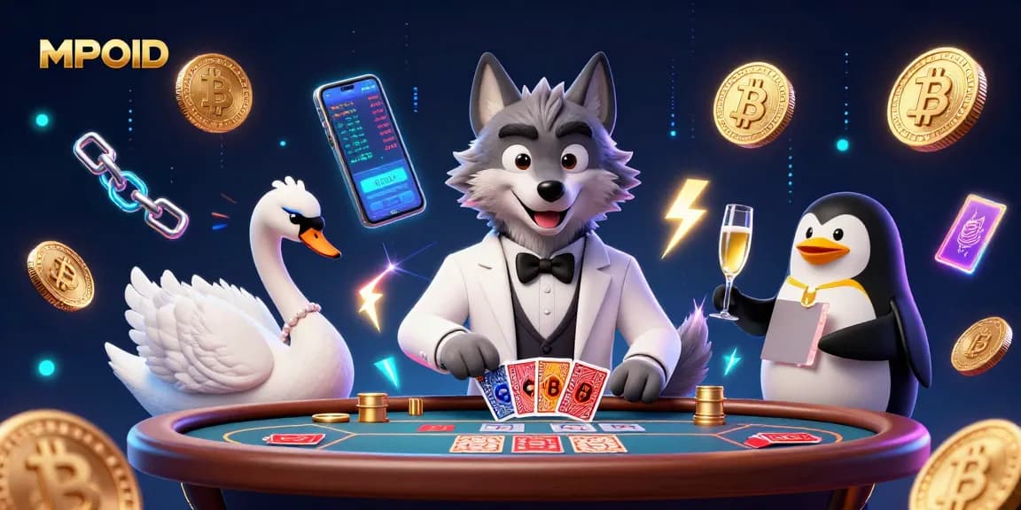 Join the fun at MPOID with vibrant characters enjoying baccarat and showcasing crypto elements.