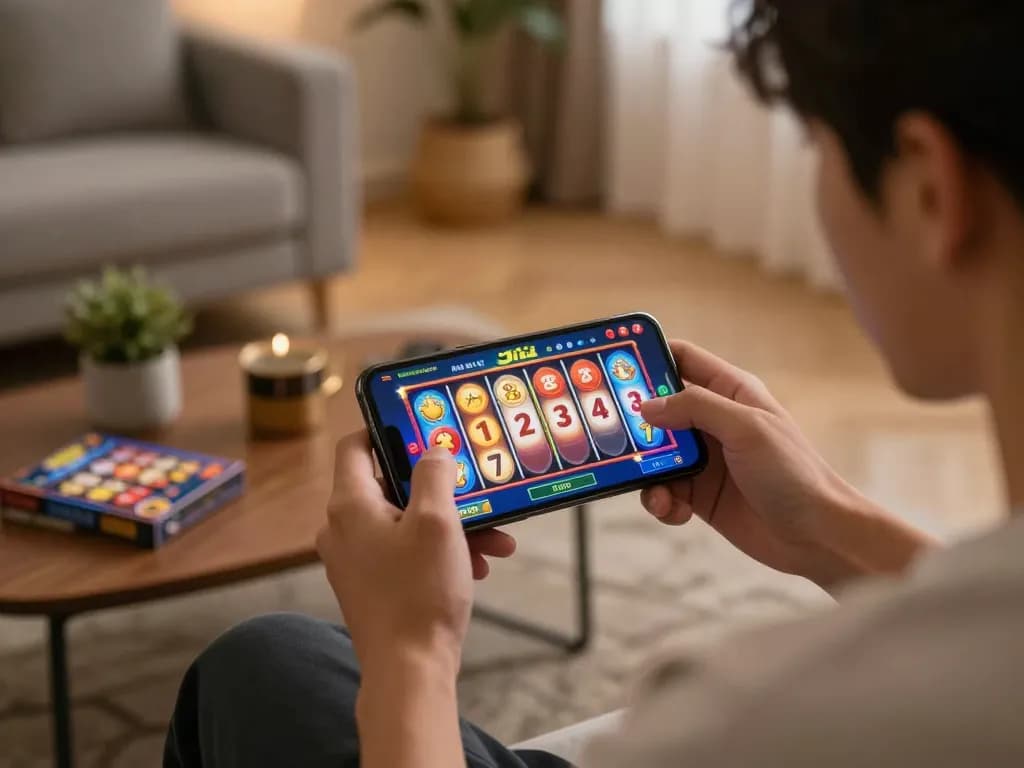 Engaging in a jili slot game on a smartphone in a cozy home setting, showcasing mobile gambling excitement.