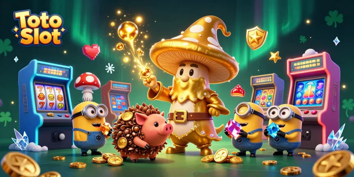 Memenangkan jackpot Toto Slot bersama penyihir jamur emas dan teman-temannya dalam ilustrasi yang kaya nuansa kasino
