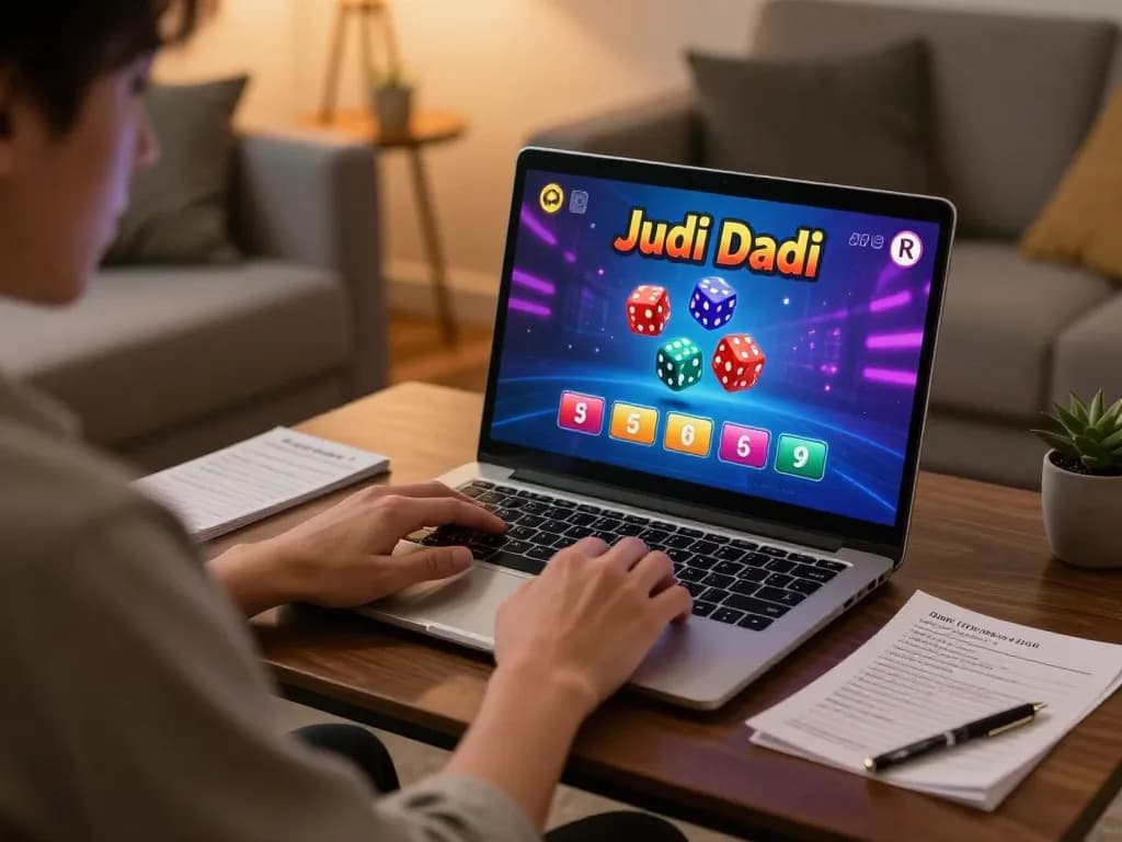 Play Judi Dadu on laptop with vibrant dice display in cozy living room